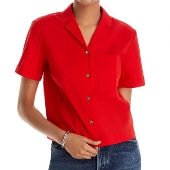 Theory Button Up Short Sleeve Camp Blouse Size MED Red Color - Picture 1 of 8